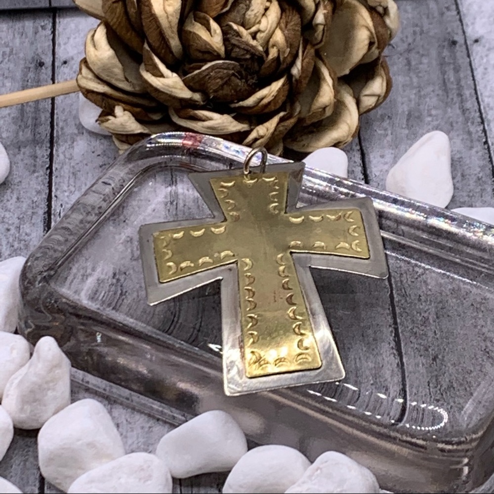 Unique hammered silver & brass pendant cross.